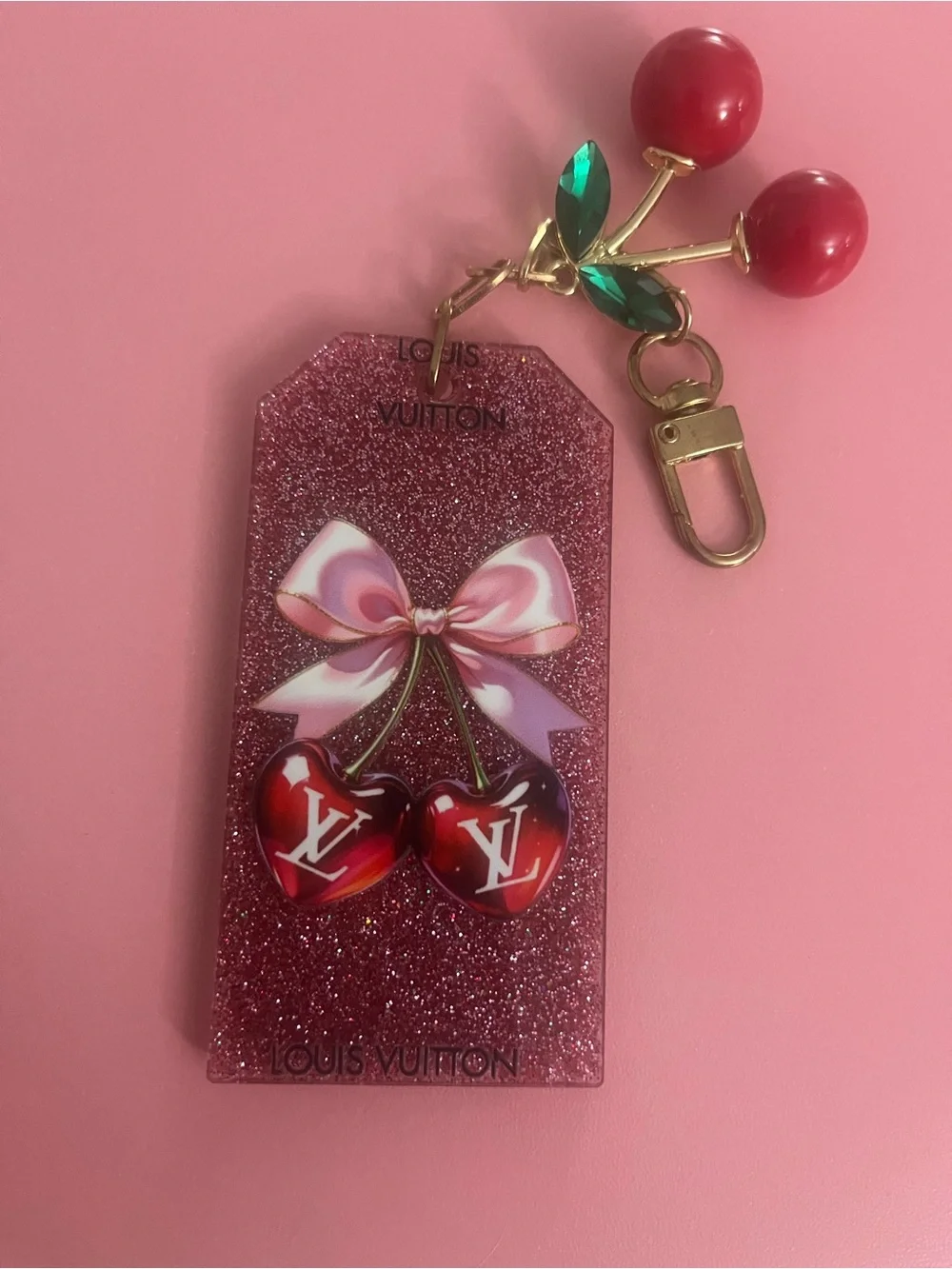 Pink Glitter Cherry Bag Charm Key Holder Luxury